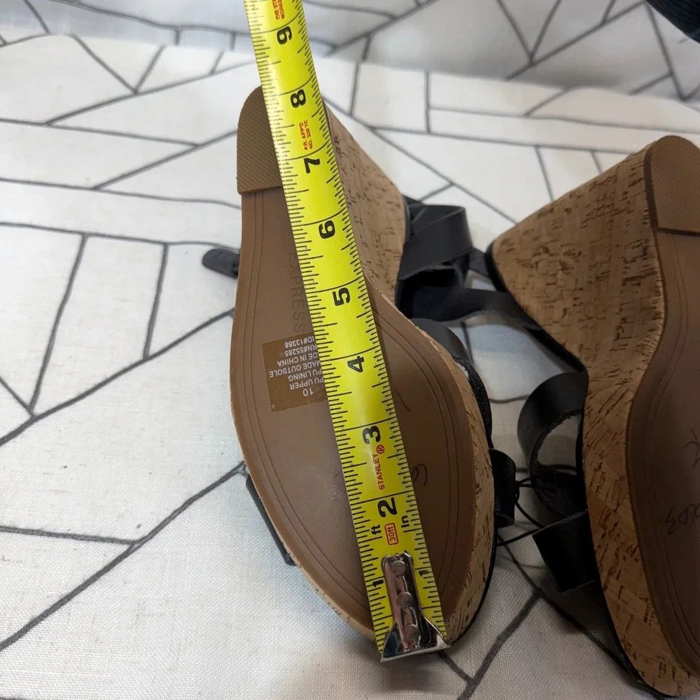 Express Wedge Sandals 10 Black Cork Platform Strappy Buckle Heels nwt